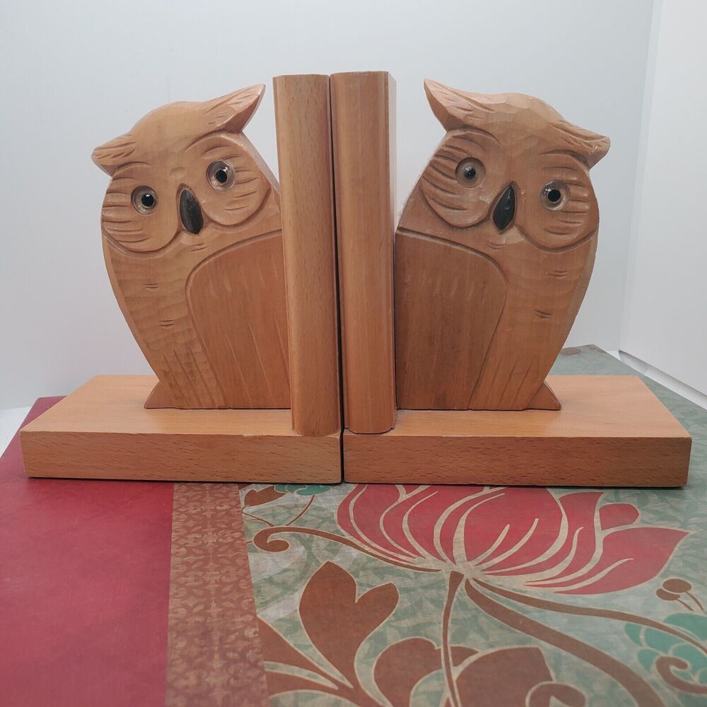 Art Deco 1920 Vintage Wooden Bookends Carved 'Owl' Handmade 6.25 X 5.5 Inches